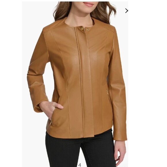 New Cole Haan Women's Collarless Leather Jacket Size Small - Picture 1 of 4
